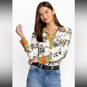 Johnny Was Dreamer Garden Split Front Long Sleeve Henley Preppy Aztec Bohemian L